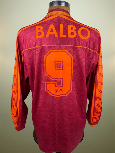 Maroon AS Roma 1995/96 home shirt, short sleeves, INA Assitalia sponsor across the chest. Match-worn by Abel Balbo.