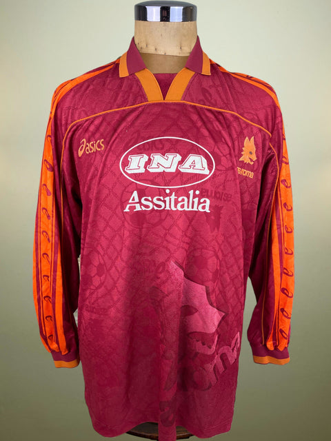Maroon AS Roma 1995/96 home shirt, long sleeves, INA Assitalia sponsor across the chest. Match-worn by Abel Balbo.