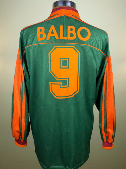 Green Asics AS Roma 1995/96 Match Shirt with Balbo and the number 9 in orange flock on the back. No Asics branding on the sleeve as was usual for UEFA Cup shirts.