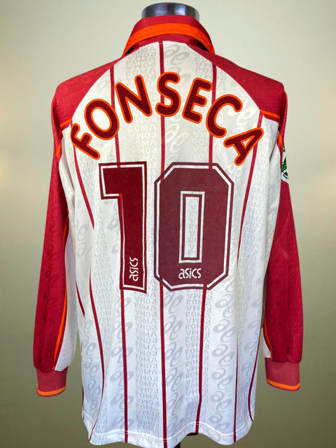 Red and AS Roma 1996 Away jersey with 'FONSECA' and number '10' on a beige background