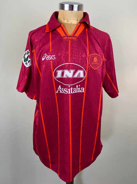 Maroon AS Roma 1996/97 home shirt, short sleeves, INA Assitalia sponsor across the chest. Match-worn by Francesco Totti. Asics logo.