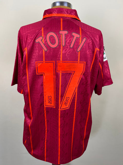 Maroon AS Roma 1996/97 home shirt, short sleeves, TOTTI 17 across the back in orange flock. Match-worn by Francesco Totti.