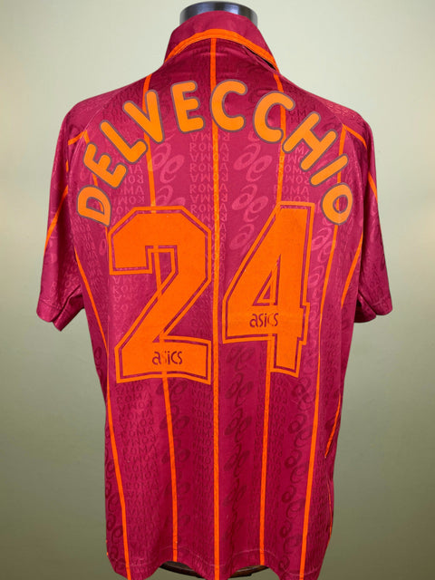 Maroon AS Roma 1996/97 home shirt, short sleeves, DELVECCHIO 24 in orange flock across the back. Match-worn by Marco Delvecchio.
