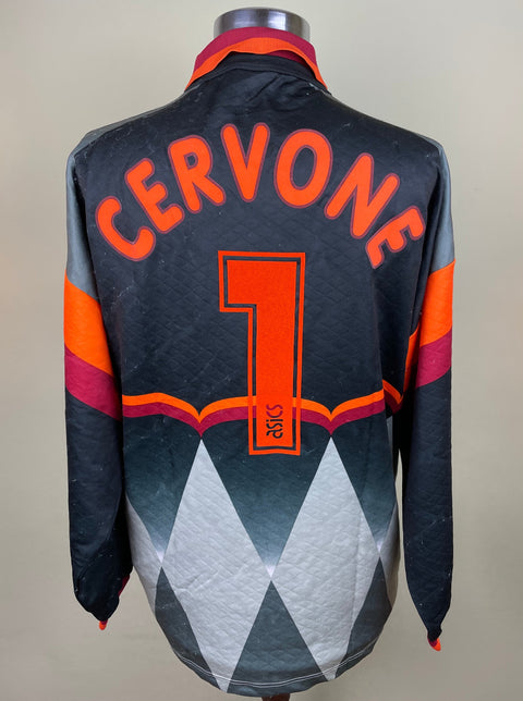 Black and grey AS Roma 1996/97 goalkeeper shirt, long sleeves, Cervone 1 in yellow flock across the back. Match-worn by Giovanni Cevone.