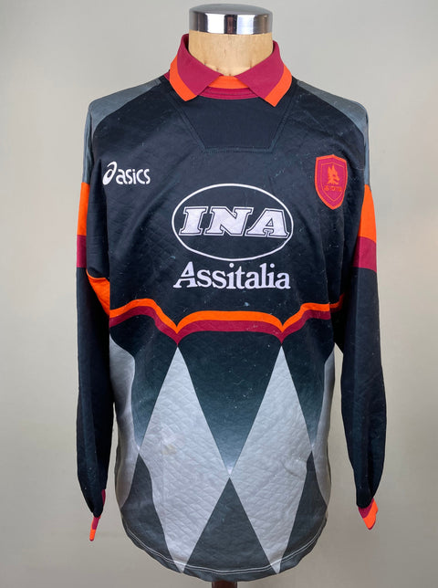 Black and grey AS Roma 1996/97 goalkeeper shirt, long sleeves, INA Assitalia sponsor on the chest. Match-worn by Giovanni Cevone. Asics logo.