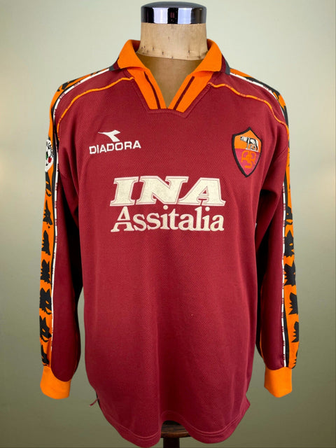 Maroon AS Roma 1998/99 home shirt, long sleeves, INA Assitalia sponsor across the chest. Match-worn by Cafu. Diadora logo.