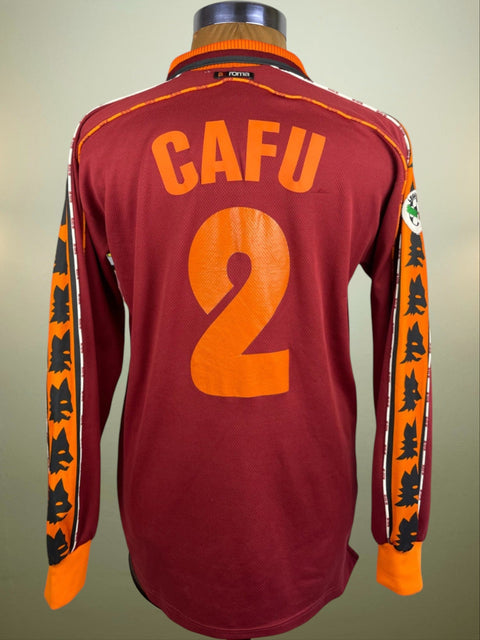 Maroon AS Roma 1998/99 home shirt, long sleeves, CAFU 2 in light orange plastic across the back. Match-worn by Cafu.