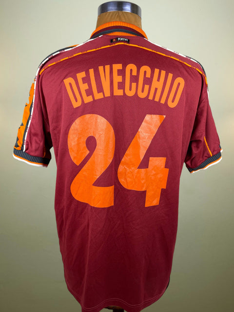 Maroon AS Roma 1998/99 home shirt, short sleeves, DELVECCHIO 24 in light orange plastic across the back. Match-worn by Marco Delvecchio.