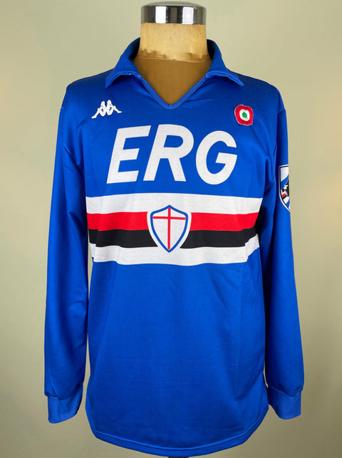 Blue Sampdoria 1988/89 home shirt, long sleeves, ERG sponsor across the chest. Kappa logo. Match-worn by Gianluca Vialli.