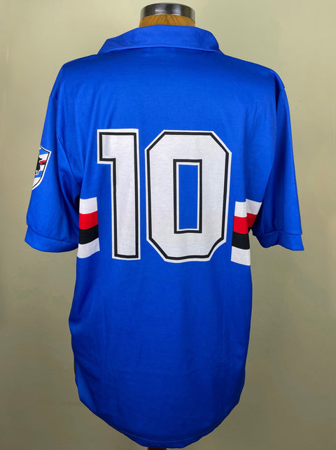 Blue Sampdoria 1990/91 home shirt, short sleeves, number 10 in the fabric of the shirt. Match-worn by Roberto Mancini.