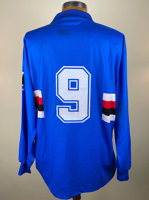 Blue Sampdoria 1993/94 home shirt, long sleeves, number 9 in white flock across the back. Match-worn by David Platt.