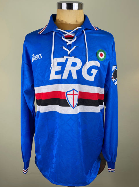 Blue Sampdoria 1994/95 home shirt, long sleeves, ERG sponsor across the chest. Asics logo. Match-worn by Attilio Lombardo.