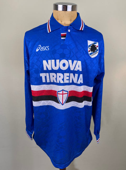 Blue Sampdoria 1995/96 home shirt, long sleeves, Nuova Tirrena sponsor across the chest. Asics logo. Match-worn by Sinisa Mihajlovic.