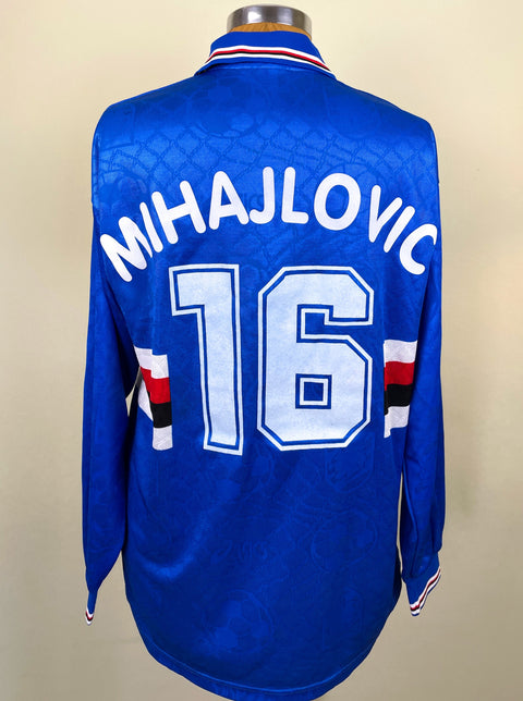 Blue Sampdoria 1995/96 home shirt, long sleeves, MIHAJLOVIC 16 in light flock across the back. Match-worn by Sinisa Mihajlovic.