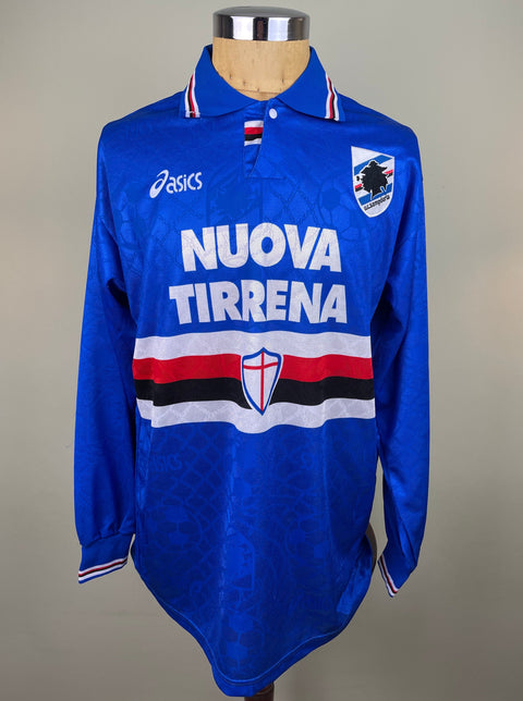 Blue Sampdoria 1995/96 home shirt, long sleeves, Nuova Tirrena sponsor across the chest. Match-worn by Clarence Seedorf.
