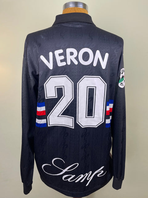 Black Sampdoria 1996/97 third shirt, long sleeves, VERON 20 in white plastic lettering across the back. Match-worn by Juan Sebastian Veron. 