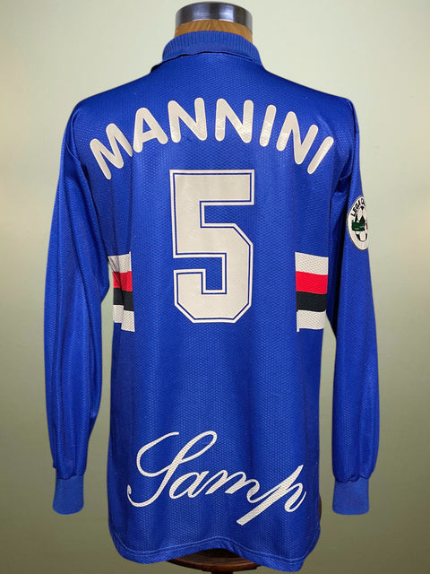 Blue Sampdoria 1997/98 home shirt, long sleeves, MANNINI 5 across the back. Asics logo; match-worn by Moreno Mannini.