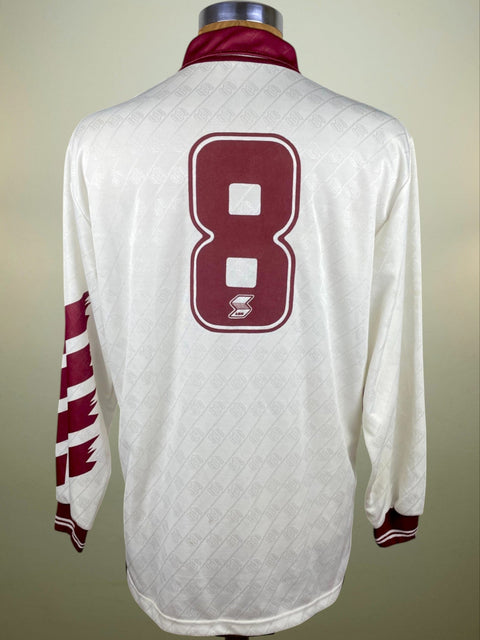 White Torino 1991/92 away shirt, long sleeves, number 8 in brown flock across the back. ABM logo; match-worn by Gianluigi Lentini.