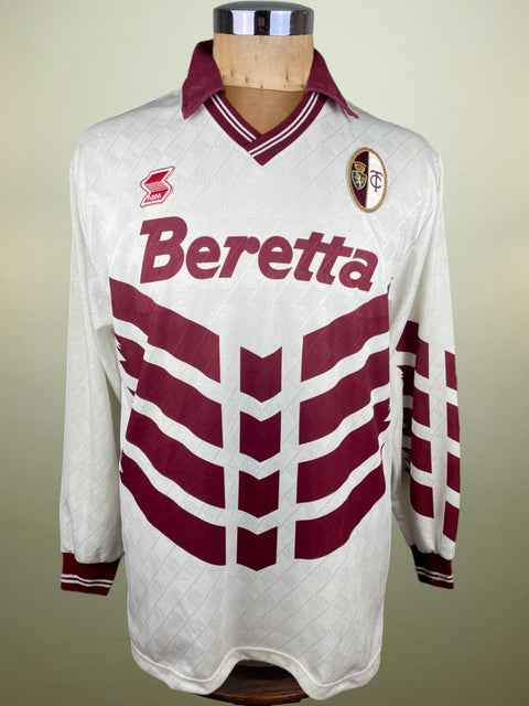 White Torino 1991/92 away shirt, long sleeves, Beretta sponsor across the chest. ABM logo; match-worn by Gianluigi Lentini.