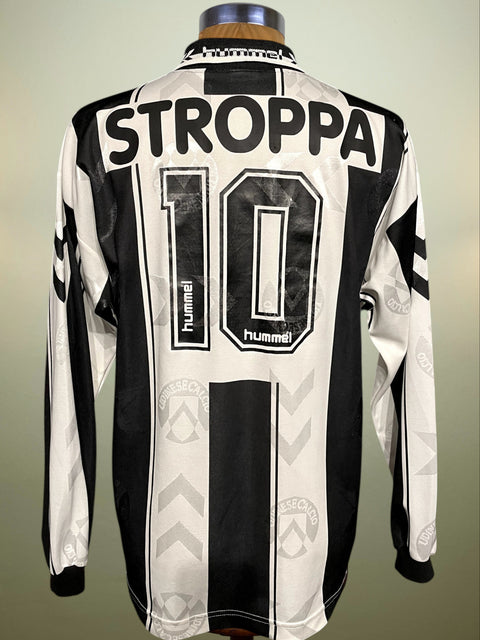 Black-and-white Udinese 1995/96 home shirt, long sleeves, STROPPA 10 in light black plastic across the back, Hummel logo; match-worn by Raffaele Ametrano.