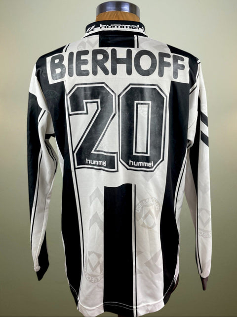 Black-and-white Udinese 1995/96 home shirt, long sleeves, Albatros sponsor across the chest, Hummel logo; match-worn by Oliver Bierhoff