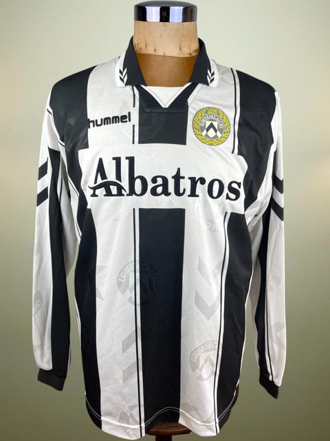 Black-and-white Udinese 1995/96 home shirt, long sleeves, Albatros sponsor across the chest, Hummel logo; match-worn by Oliver Bierhoff.