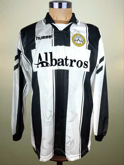 Black-and-white Udinese 1995/96 home shirt, long sleeves, Albatros sponsor across the chest, Hummel logo; match-worn by Raffaele Ametrano.