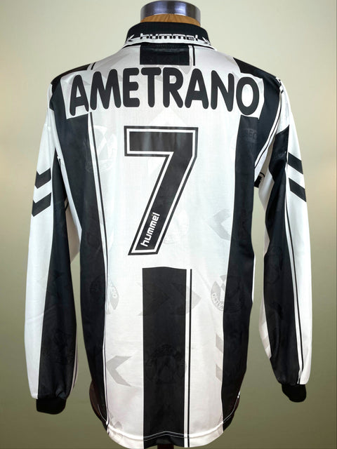 Black-and-white Udinese 1995/96 home shirt, long sleeves, AMETRANO 7 in black plastic text across the back, Hummel logo; match-worn by Raffaele Ametrano.