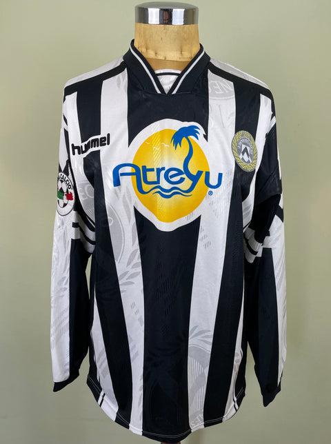 Black-and-white Udinese 1997/98 home shirt, long sleeves, Atreyu sponsor across the chest, Hummel logo; match-worn by Oliver Bierhoff.