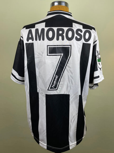 Black-and-white Udinese 1997/98 home shirt, short sleeves, name and number 7 in black plastic across the back, Hummel logo; match-worn by Marcio Amoroso.
