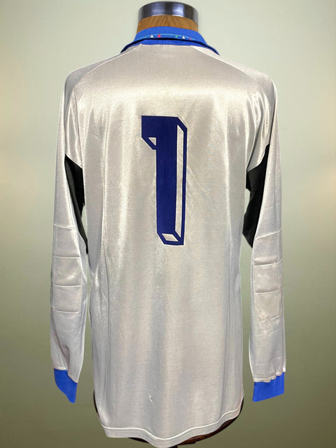 Gray Italy 1992 Goalkeeper jersey with blue accents and number 1 in flock material on a mannequin against a neutral background