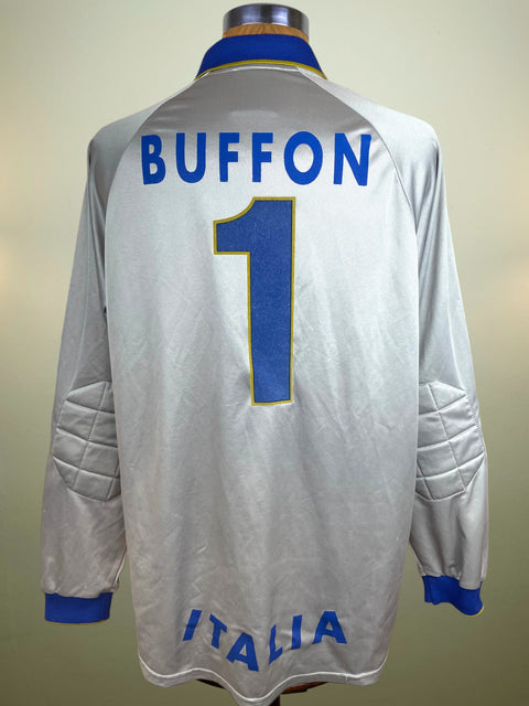 Silver Italy Goalkeeper jersey with blue numbering and lettering with 1 BUFFON on a mannequin against a neutral background