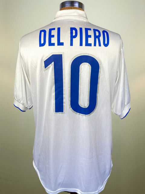 White sports jersey with 'Del Piero' and number '10' on a mannequin against a beige background