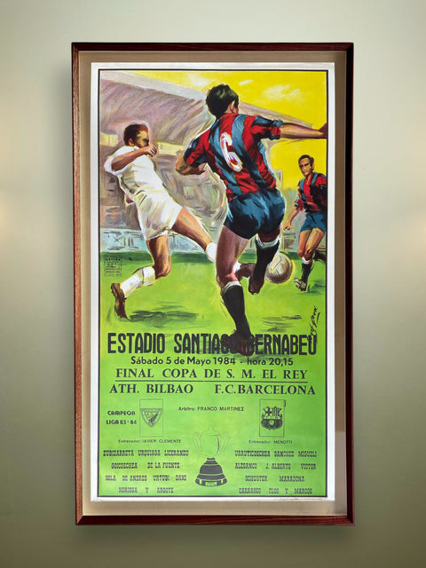 Framed soccer poster of a match between Athletic Bilbao and FC Barcelona at Estadio Santiago Bernabéu.