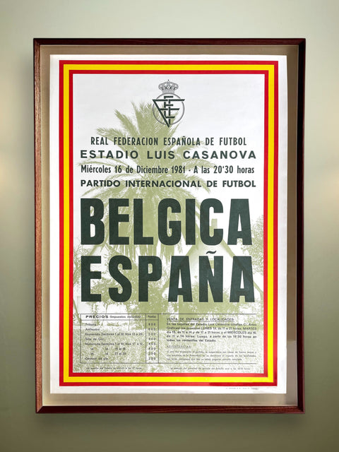 Framed poster of a football match between Belgica and Espana at Estadio Luis Casanova.