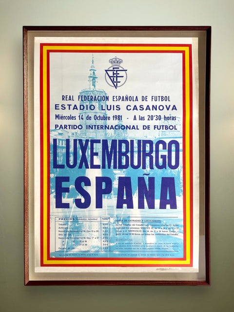 Framed poster of a football match between Luxembourg and Spain at Estadio Luis Casanova.