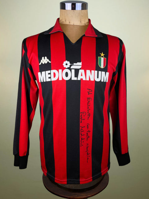 Red and black striped AC Milan 1988 Kappa jersey with 'Mediolanum' branding on a mannequin.