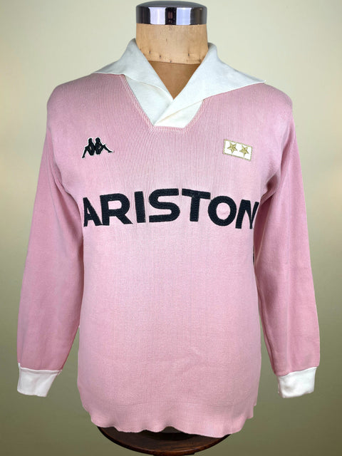Pink Kappa Juventus Centenary Shirt with 'Ariston' branding on a mannequin against a neutral background
