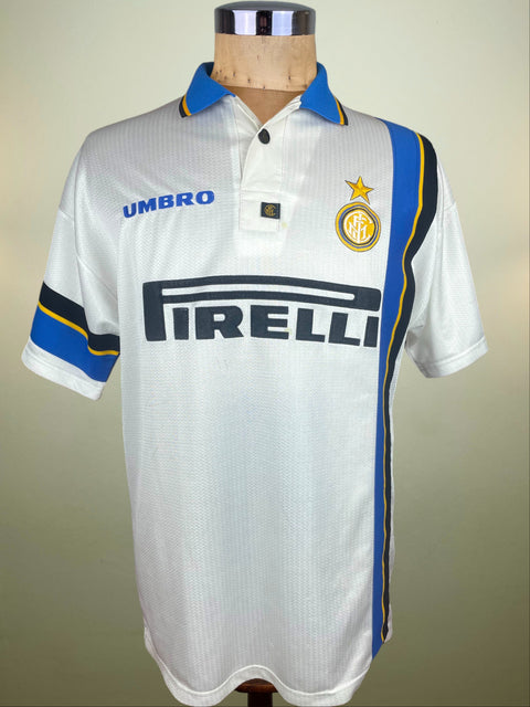 White Inter Milan Umbro 1997-98 Away jersey with blue and black accents on a mannequin against a beige background