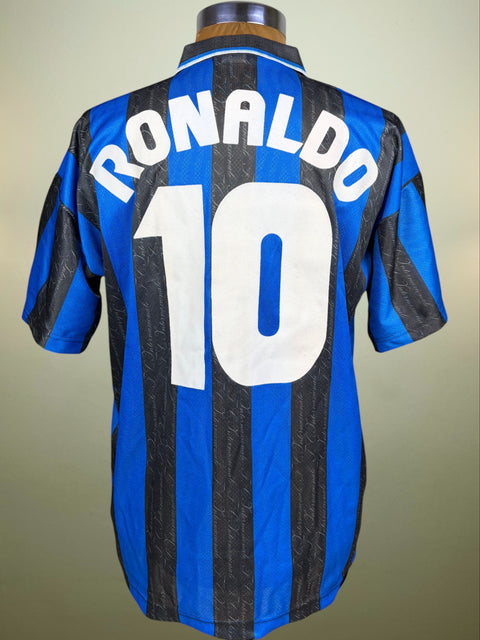 Back view of a blue and black striped soccer jersey on a mannequin, featuring 'RONALDO' and the number '10' in white.