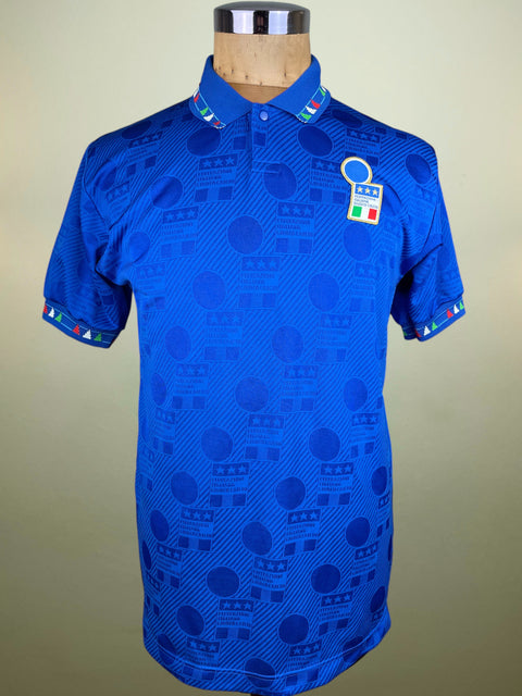 Blue Italy home world cup 1994 shirt on a mannequin with a blurred background