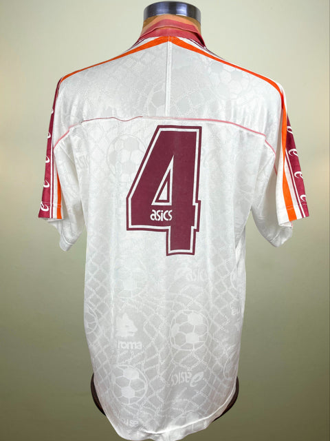 White AS Roma 1995-96 Away Jersey jersey with maroon number 4 and 'asics' branding on a light background