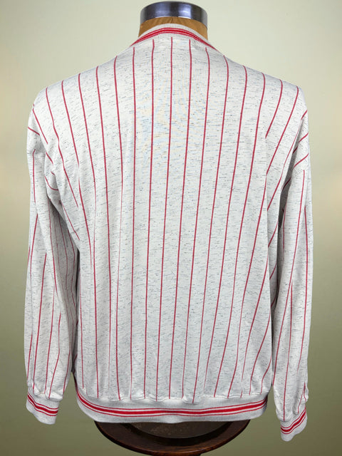 A light gray heathered pinstripe jacket with red stripes, shown from the back on a mannequin torso against a neutral beige background.
