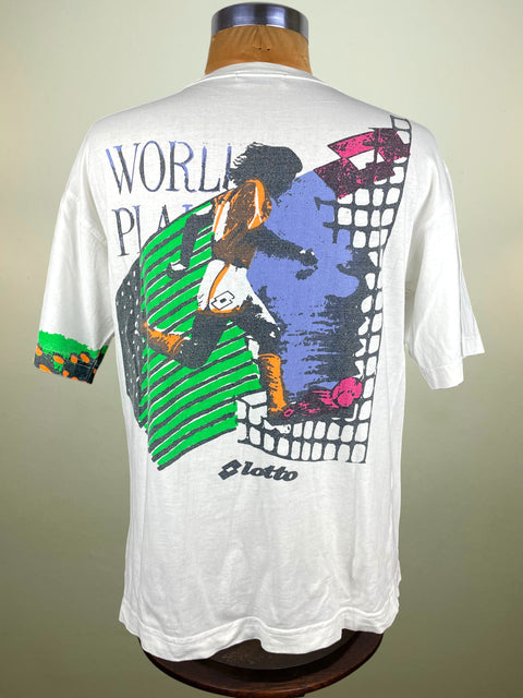 White t-shirt with colorful graphic design on a mannequin against a neutral background