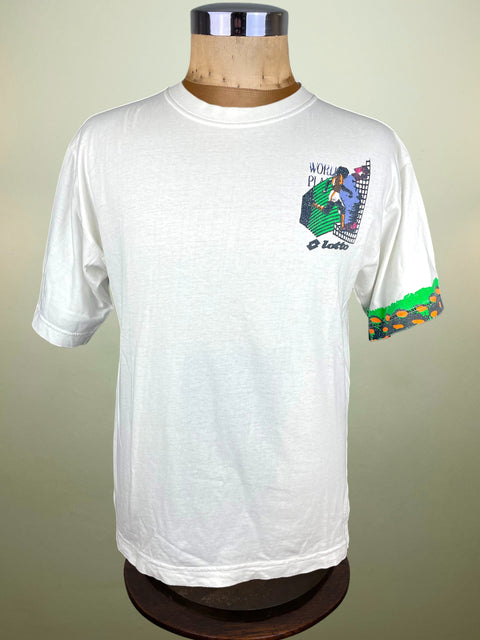 White t-shirt with graphic design on a mannequin against a beige background