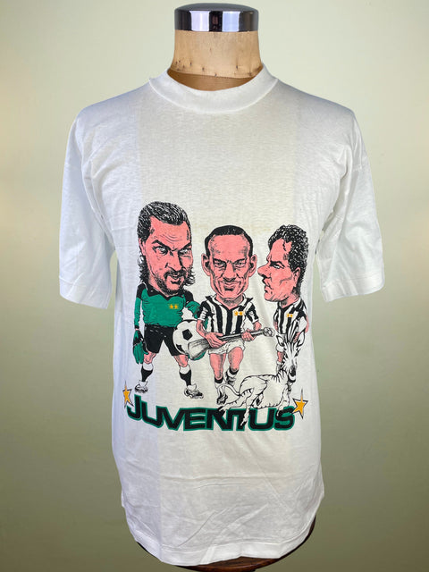 White t-shirt with Juventus graphic on a mannequin against a beige background