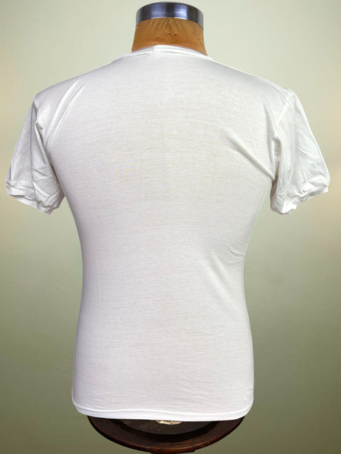 A white short-sleeve crewneck t-shirt displayed on a mannequin torso, showing the back view against a light beige gradient background.