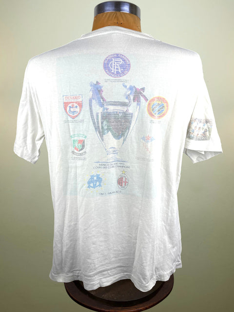 White t-shirt with logos on a mannequin against a plain background