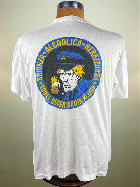 White t-shirt with a graphic design on the back featuring a person with a beer mug and text.