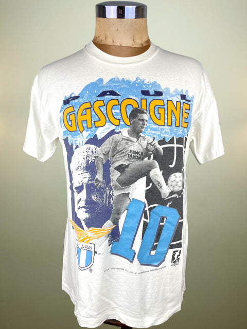 White t-shirt with graphic design of a Paul Gascoigne and text on a mannequin against a plain background